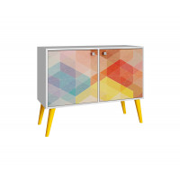 Manhattan Comfort 7AMC132 Avesta Double Side Table. 2.0  with  3 shelves in White/ Stamp/ Yellow
